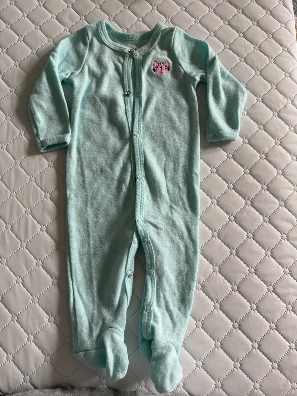 Carter's Mint Green Footed One-Piece with Pink Embroidery. Size 6 months